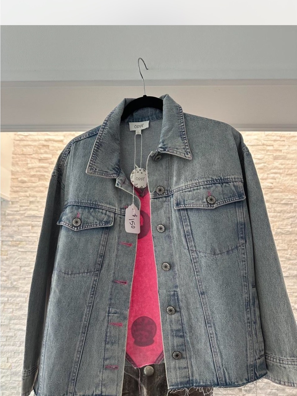 BNWT Boutique custom upcycled denim jacket pink heart empowerment patch Medium - Picture 2 of 8